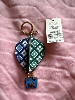 Michael Kors Blue and Green Patterned Heart Keychain Charm with Gold Hardware